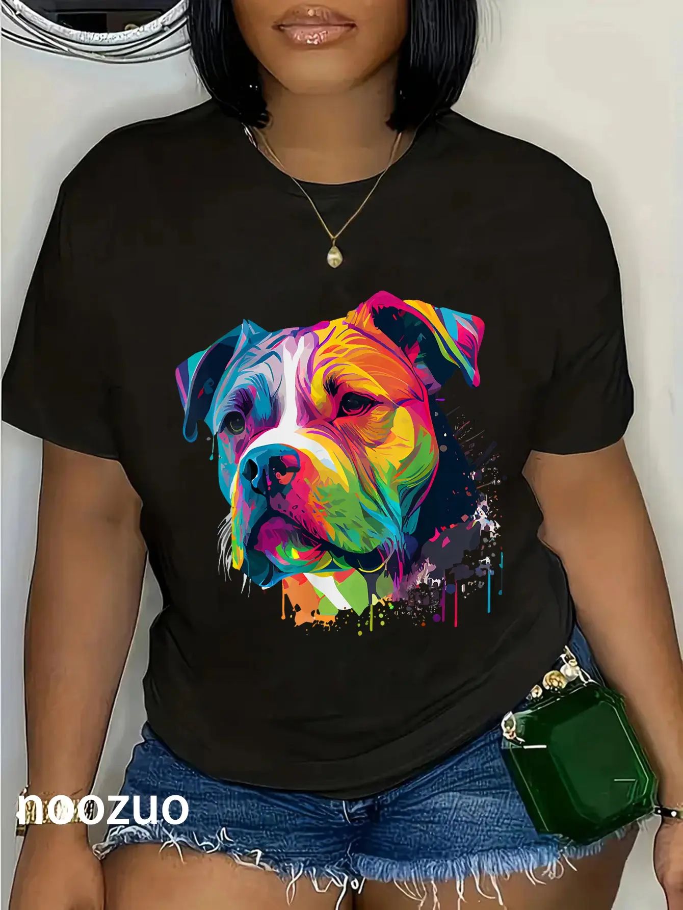 Women's T-Shirt with Colorful American Bully Graphic, 100% Cotton Vintage Round Neck Streetwear, Casual Fit Wardrobe Staple, Top, Tshirt, Colorful Style, Wardrobe Staples, Bold Colors, Graphic Print