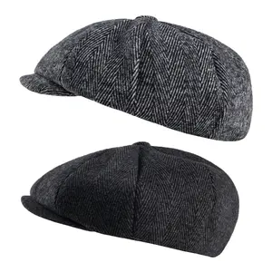 2 Pack Newsboy Cap Peaky Herringbone Baker Boy Flat Caps for Men Women (Black and Gery) casual wear