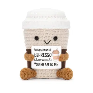 1pc Funny Positive Coffee, Emotional Crochet Doll, Crochet Figure, Cartoon Handmade Crochet Coffee Cups with Positive Card Cheer Up Funny Gag Gifts for Best Friend Birthday Women Teacher Fall