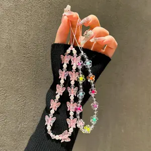 Butterfly & Flower Decor Phone Chain Kit, Cute Hand Strap for Women & Girls, Beaded Phone Lanyard for Phone Case, Anti-fall Wrist Strap for Smartphone, Charms