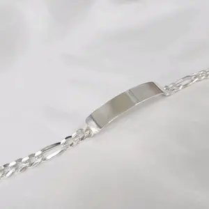 Bracelet Estilo figaro con Placa lisa de Plata 925 8 inch de largo para hombres y mujeres