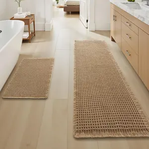 Upgraded Waffle Bath Mat Set of 2, Super Absorbent Non Slip Bath Mats for Bathroom Floor, Machine Washable Bathroom Rugs Set 2 Piece with Tassels, Soft Bathroom Mat Set, 17" x 24" +17" x 48", Brown