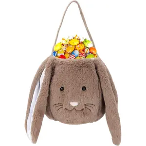 Plush Easter Bunny Basket for Kids Boys Girls Easter Buckets with Long Plush Ear Personalized Egg Hunting Tote Bags for Easter Decorations Candy