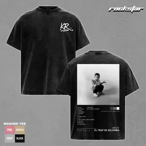 Kris R El Trap De Kolombia Washed Black T-Shirt Oversized Vintage Graphic Tee Streetwear Hip Hop Trap Latino Rap Merch Distressed Heavyweight Cotton Shirt Men Women Y2K Urban Fashion