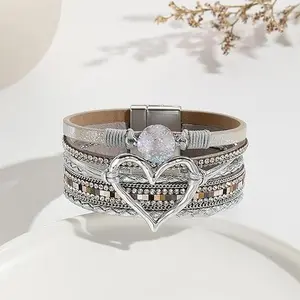 Heart Leather Wrap Bracelets Boho Cuff with Magnetic Clasp for Women Best Gift for Christmas,Mother's day,Birthday