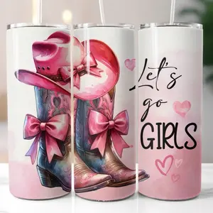 Girly Pink Cowgirl Let’s Go Girls Stainless Steel 20 oz. Tumbler - Perfect Bachelorette Party Gift, Girls Night Out Cup - Drinkware, Graduation Cup, Graduate Gif