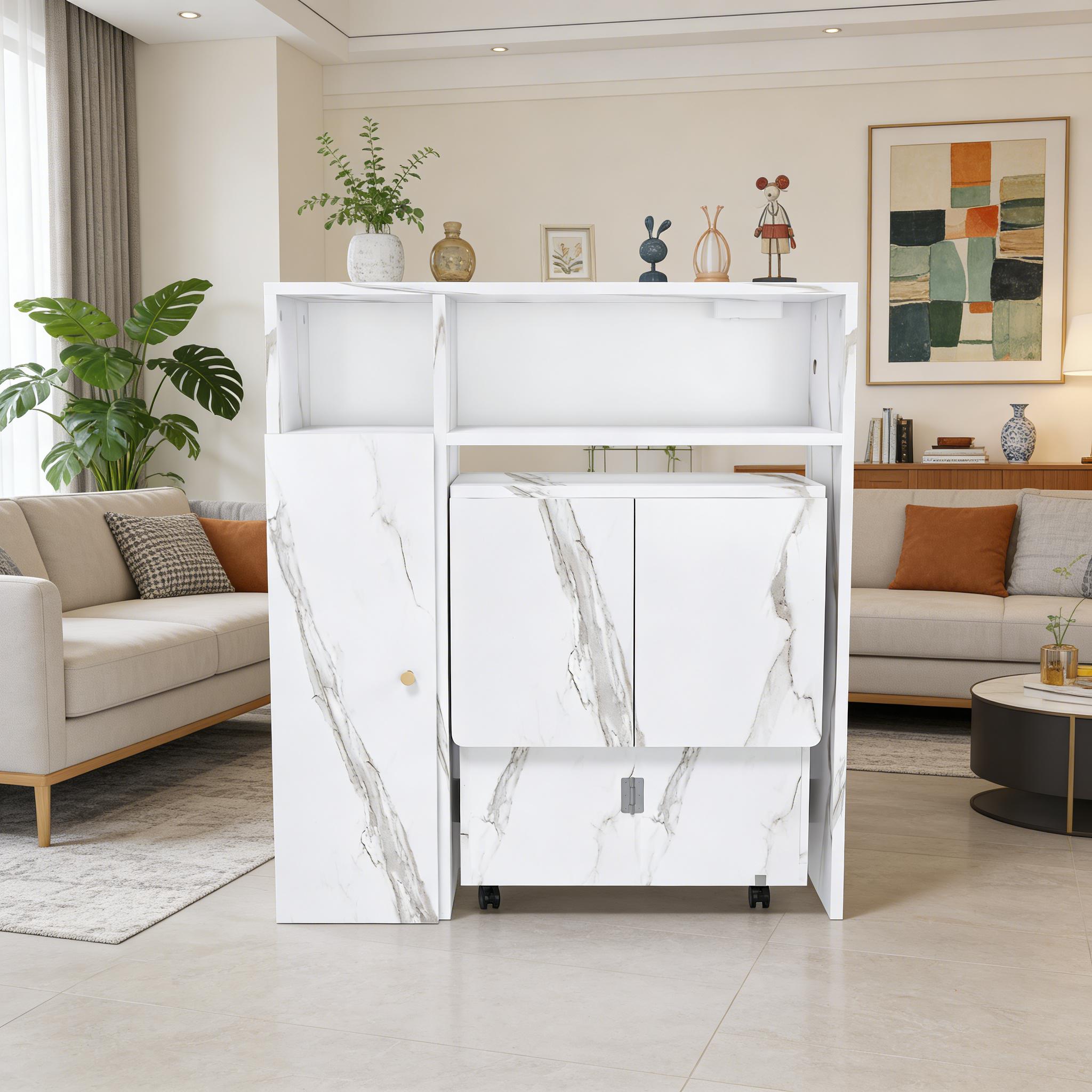 Multifunctional Folding Dining Table with Wall-Mounted Sideboard & Storage for Small Apartments - Space-Saving Foldable Desk & Table, White, 4-in-1 Power Outlet + USB, Silent Wheels, Locking Mechanism, Eco-Friendly, Apartment Essentials