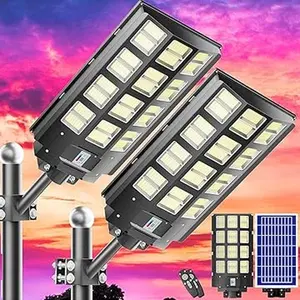 2pack 8000W Solar Lights Outdoor - 6500K Solar Street Lights Outdoor, Commercial Solar Parking Lot Lights IP67 Waterproof Dusk to Dawn, Security Flood Lights with Motion Sensor for Yard, Basketball Court