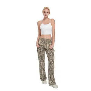 PinkyMoor Women’s camo pants with a branch camouflage pattern, stretch mid-low rise casual cargo style with pockets and a loose straight-leg fit, perfect for work and everyday wear.