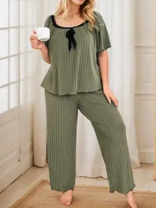 【Plus Size】 Solid Ribbed Top & Pants Pajama Two-piece Set, Casual Comfy Short Sleeve Top & Trousers PJ Set, Women's Sleepwear for Spring, Loungewear