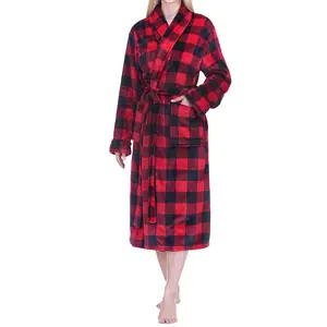 PAVILIA Robes For Women, Fleece Soft Fluffy Bathrobe, Plush Cozy Flannel Long Spa Robe, Black Red Checkered
