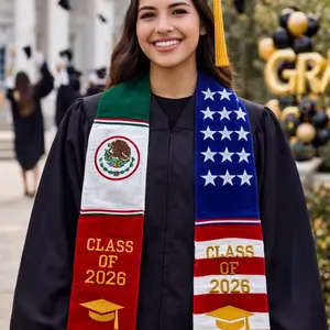 2026 Graduation Stole Embroidered Handmade with Class of 2026 Design and Mexican and American Flags