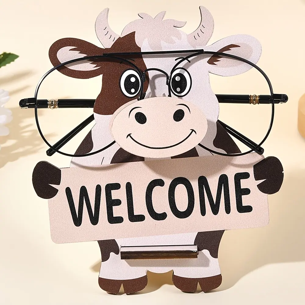 Cute Scottish Highlands Coweye Frame and Stand - Wooden countryside farmhouse style glasses storage rack, cute animal shaped desktop decoration, suitable for home, office, birthday party gifts (wooden cow shaped glasses frame)