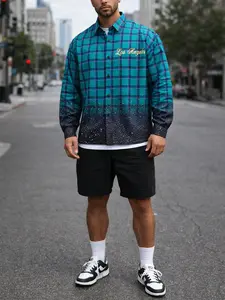 Men's LA Rhinestone Plaid Shirt Street Style Loose Long Sleeve