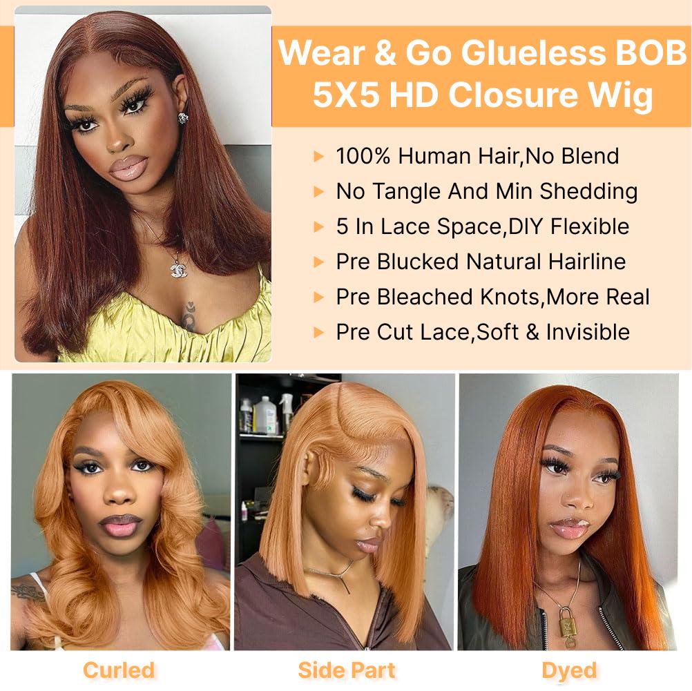 SDDRSRA 12A Bob Wigs Human Hair Red 13X4 Bob Lace Frontal Wigs Human Hair for Women 180% Density Wear and Go Glueless Wig Blunt Cut Straight Short Bob Wigs Pre Plucked With Baby Hair 10 Inch
