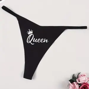 Queen Print Low-Rise Thong in Black - Ultra-Soft Cotton-Feel Fabric with Elegant Crown Emblem for Comfort & Style