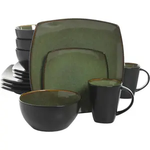 Gibson Soho Lounge Square Reactive Glaze Dinnerware Set, Green, Service for 4 (16pcs),Red ,black