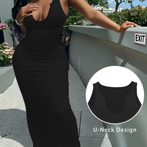 Women's Low Back Bodycon Long Dress, Dresses for Party, Sexy Chic Fashion Minimalist Elegance Style, Fitted Plain Design, Perfect for Parties and Nightouts, Made in China