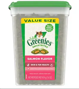Greenies Feline Smartbites Skin & Fur Health Crunchy & Soft Cat Treats Salmon Flavor 16 oz Tub Value Size Omega-3 Fatty Acids Ground Flaxseed