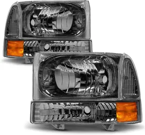 AmeriLite for 1999-2004 Ford Super Duty F250 F350 F450 F550 | Excursion Factory Style Gun-Metal Replacement Headlights w/Corner Bumper Set - Passenger and Driver Side