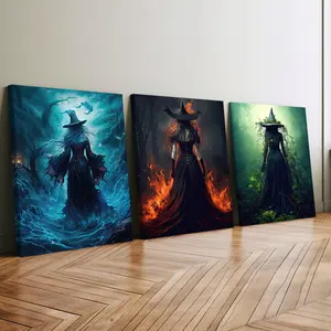 3Pcs Wooden Framed Canvas Painting, Halloween Witches In The Forest, Exquisite Poster, Home Decoration, Pattern Wall Art Decor, For Living Room, Bedroom, Office, Restaurant, Bar Wall Decor, Waterproof, Odorless, Painting, Print Artwork.