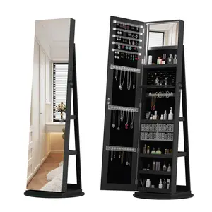 360° Swivel Jewelry Cabinet with Full Length Mirror, Locking Armoire with Necklace Hooks & Ring Slots, Floor Standing Organizer with Drawers, Modern Design