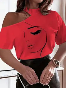 New Casual Abstract Print Short Sleeve High Neck T-Shirt, Casual Trendy Tee, Shoulderless Sexy Fashion Top for Women, Fitted Graphic Style Lady, Casual Comfy Top