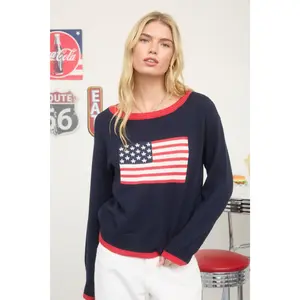 Women's Cute Soft Pullover Sweater - Lightweight Polyester Boat Neck, Navy Flag Graphic Casual Clothes for Ladies
