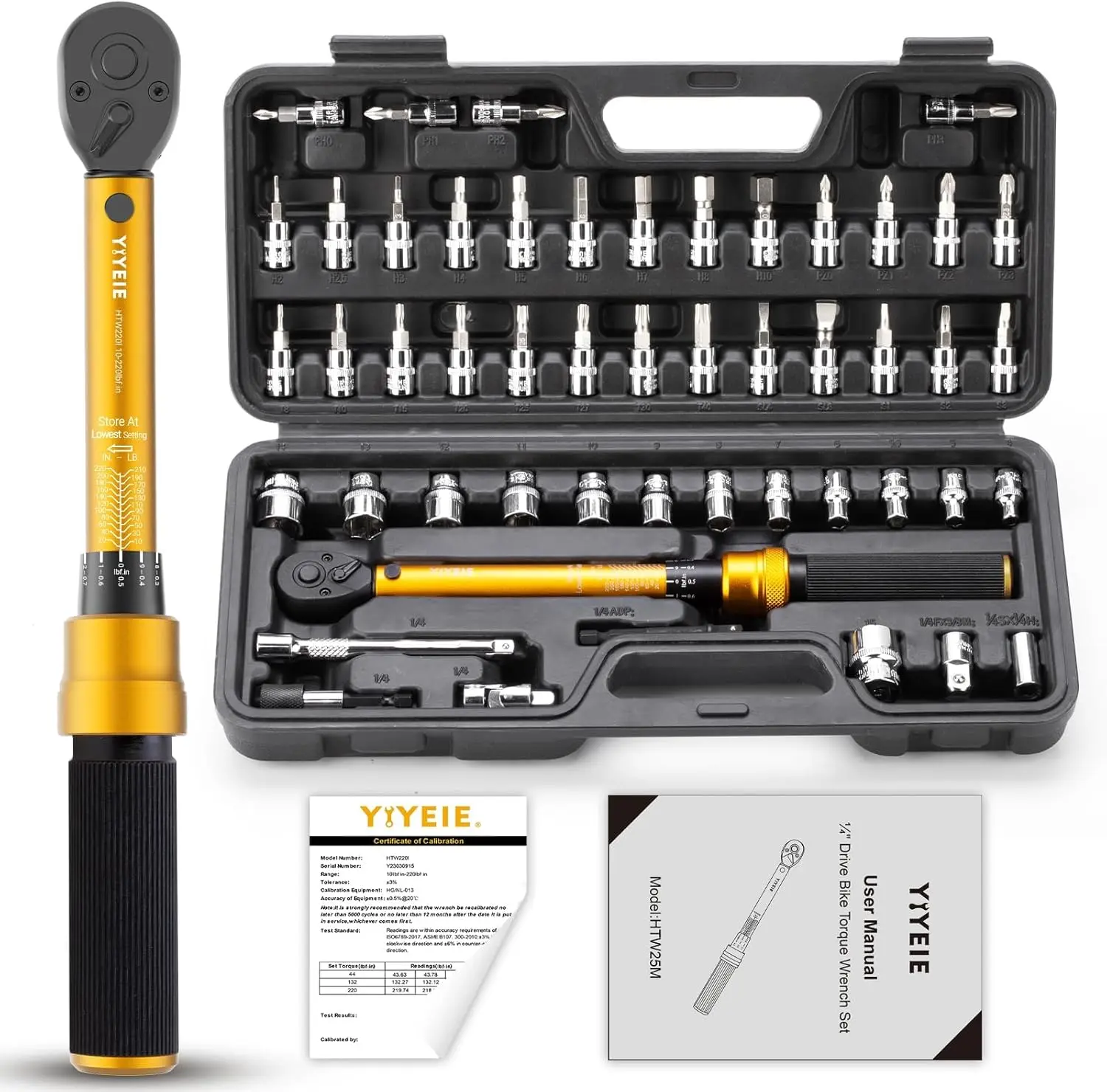 YIYEIE 50Pcs Master Bike Torque Wrench Set, 1/4 Inch Drive, 10-220 IN.LB (1-24.9 Nm), Inch Pound Click Torque Wrench with Bit Sockets, 0.1 Nm Micro, 3/8 Adapter, Pro Bicycle Tool Kit for MTB wrenches torque wrench