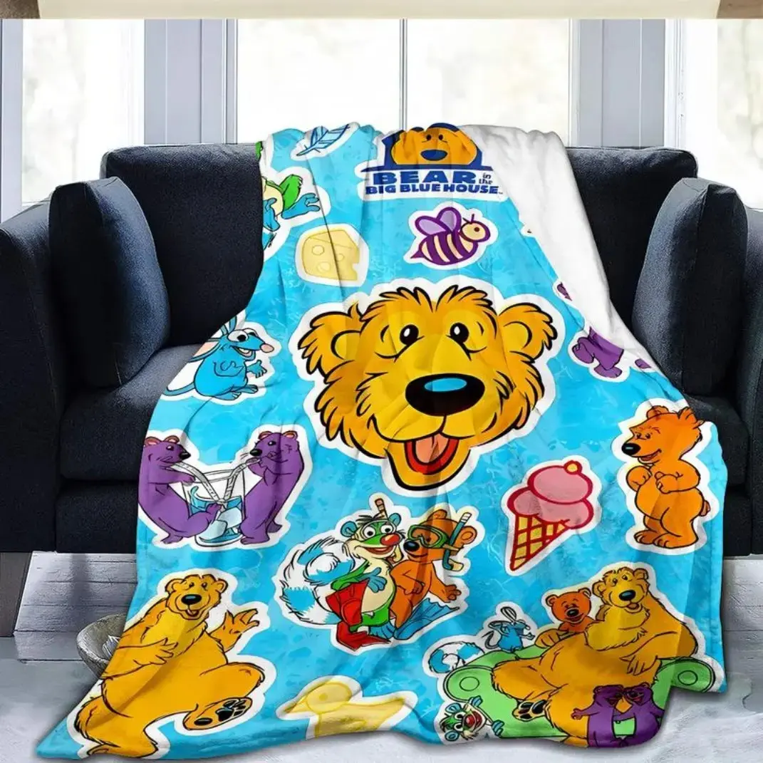 Dream Workshop Classic 1-Piece Cartoon Bear in the Big Blue House Printed Skin-Friendly Polyester Fiber Soft Flannel Blanket - Flat Weave, Lightweight, Cozy All-Year Home Throw for Sofa, Room Decor, Living Room Premium Themed Gift