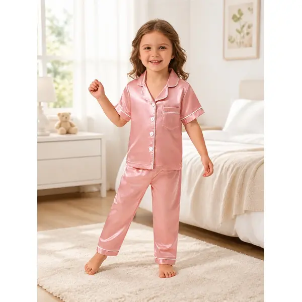Kids Satin Pajama Set, 2-Piece Short-Sleeve Button-Down Top & Long Pants, Lightweight Summer Sleepwear with Contrast Piping, Ages 1-8, Sizes 90-130, Kaka Here