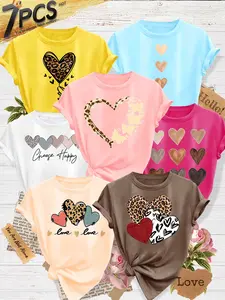 7Pcs Women's Crew Neck T-Shirts, Leopard & Gradient Heart Series Print, Multiple Colors Available, Machine Washable, Spring & Summer Tops, Soft Skin-Friendly Fabric, Daily Versatile, Fashion Design