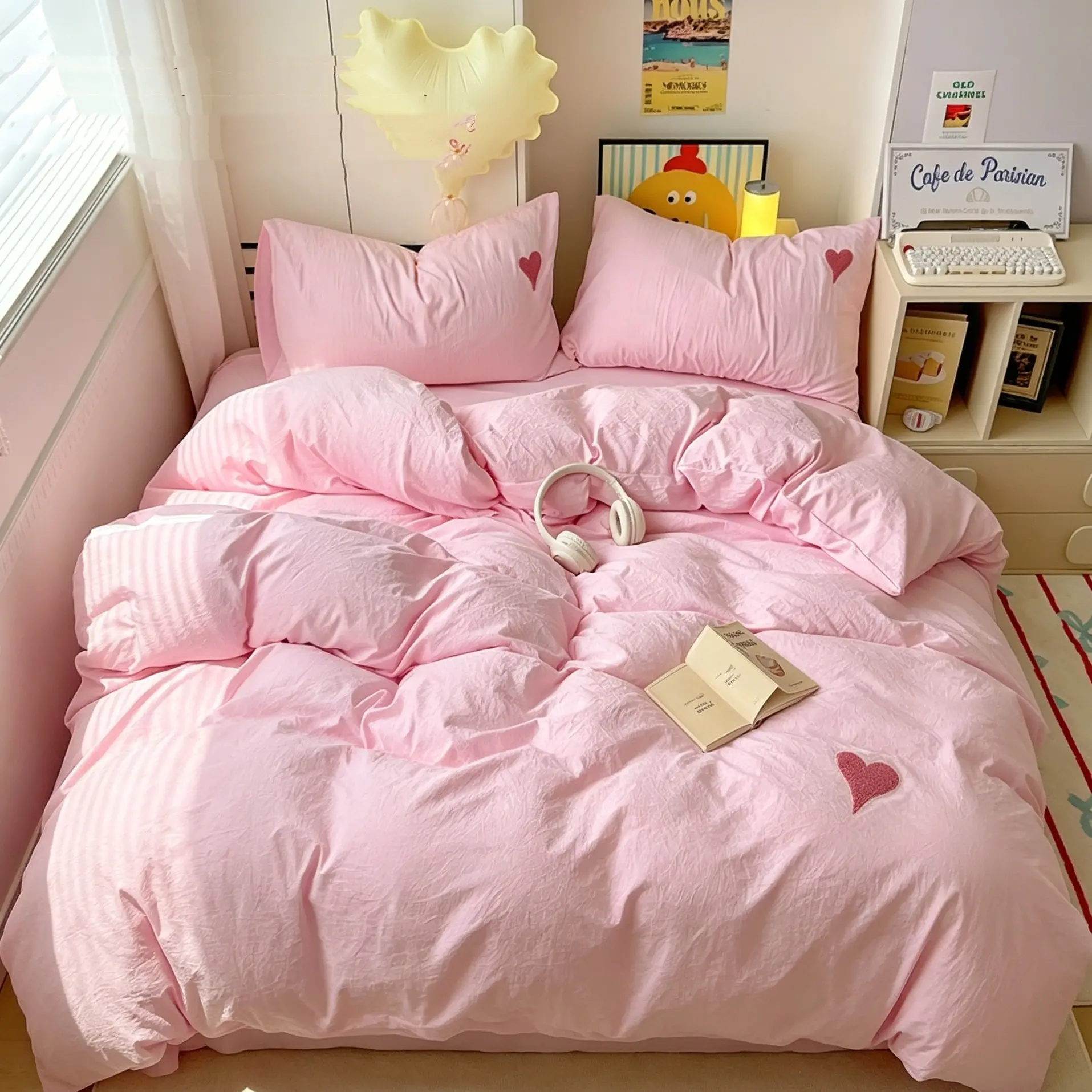 3pcs Embroidered Heart Bedding Set, Includes 1 Duvet Cover and 2 Pillowcases（without comforter and pillow insert）, Single Twin Double Queen Size, All Seasons, Comfy Bedding Set, Comfy Bed Sets