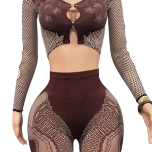 Set Brown Sexy Crop Top with Star Design & High Waist Mesh Pants for Women