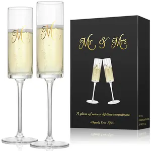 Mr & Mrs Crystal Champagne Flutes set of 2,Bride & Groom Toasting Glass,Modern & Elegant,Unique Gifts for Wedding, Anniversary,Engagement,Christmas, Birthday,7oz