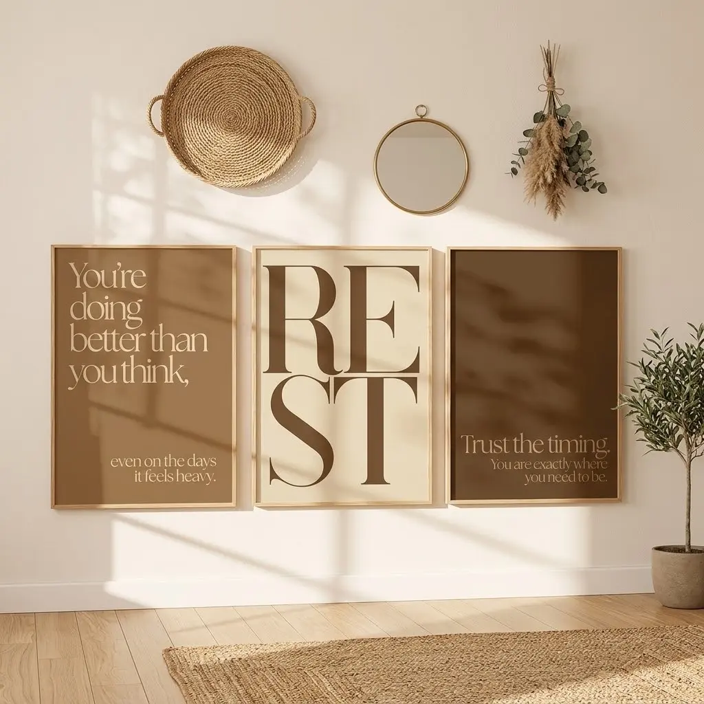 3-Piece Brown Neutral Minimalist Typography Wall Art Prints, Trust The Timing Quote, Beige Mocha Bedroom Decor, Digital Download
