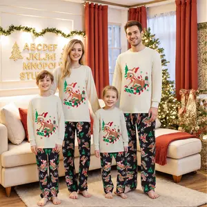 Family Matching Christmas 2pcs Pajamas Set Reindeer Print Long Sleeve Tee Top + Elastic Waist Loose Pants Holiday Set Christmas Nightwear for Couples,Kid, Baby, Dog