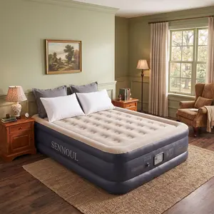 SENNOUL Queen 18 Inch Tall Air Mattress Built-in Quiet Electric Pump, Stable Anti-Sag Coil Support, 0.45mm Thick Flocked Inflatable Bed for Guest Room, Camping & Family Sleepovers, US Local Logistics, Free 1-Year Replacement for Non-Man-Made Damage