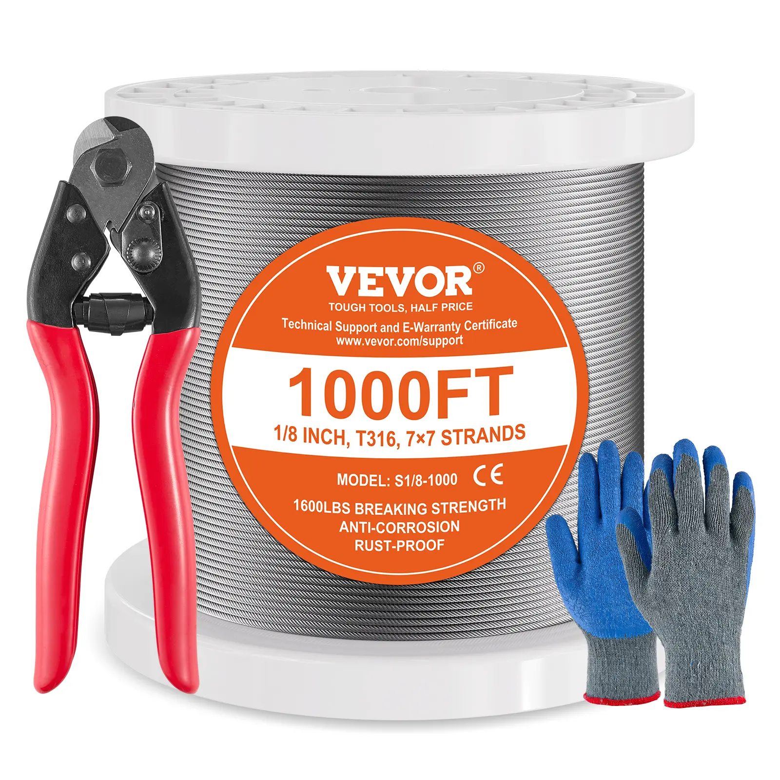 VEVOR 1/8 in T316 Stainless Steel Cable, 1000 ft Heavy Duty Rope with 7x7 Braided Construction, High Tensile Polished Finish Wire Rope, Cutter+Gloves Included, Anti-Corrosive for Deck Railings, Industrial Use, High Tensile Wire