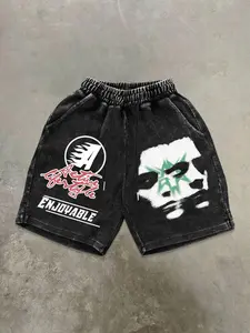 Men's Denim-Effect Print Letter Graphic Drawstring Waist Shorts, Casual Streetwear Shorts, Regular Fit Casual Street Comfy Shorts for Summer, Men's Bottoms for Daily Wear