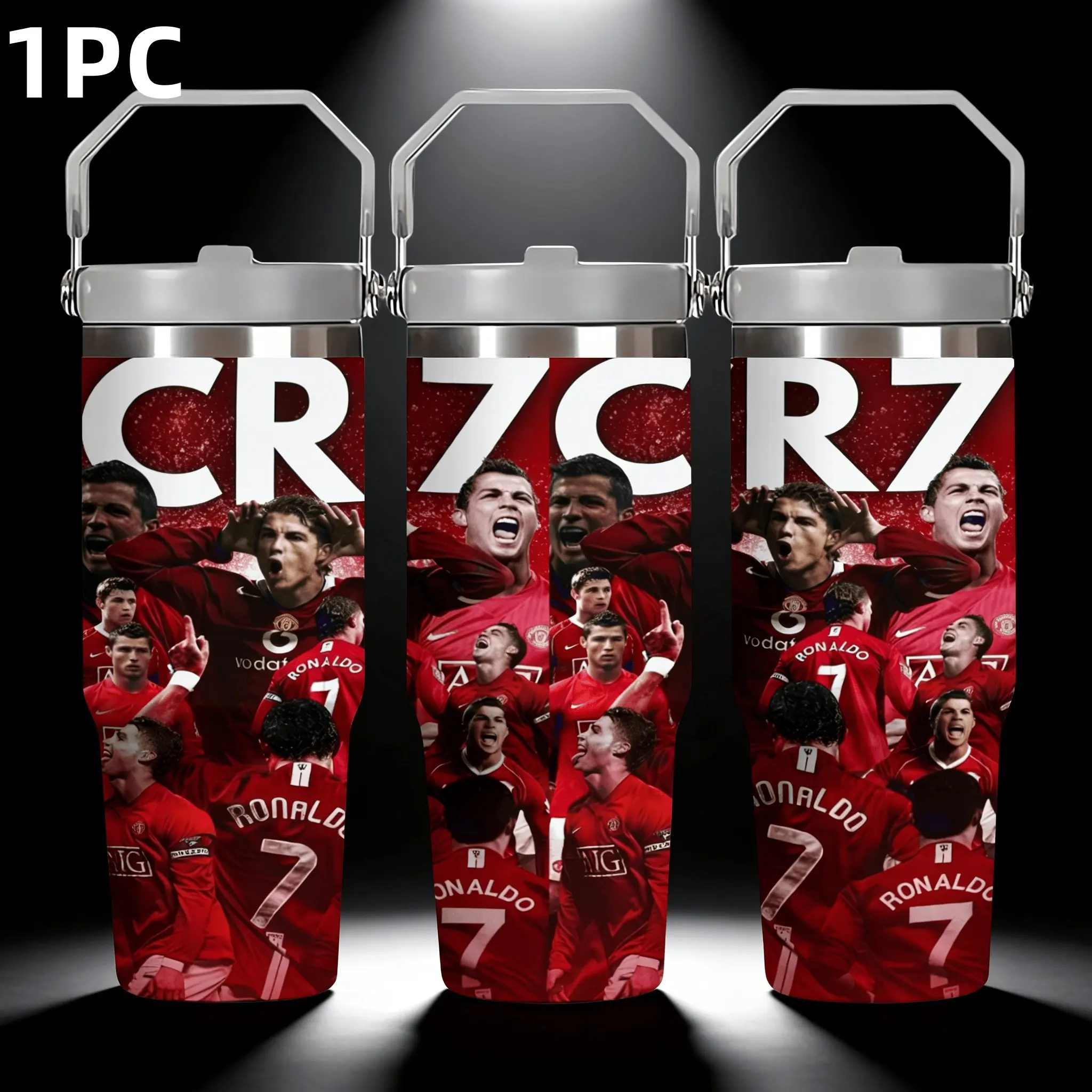 1pc 30oz CR7 Manchester United era-themed stainless steel thermal insulated cup with handle and straw, Kitchenware Drinkware Tumbler, Insulation. Perfect for sports fans. Tumbler
