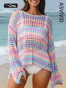 Women's Sexy Round Neck Multicolor Striped Colorblock Long Sleeve Side Slit Beach Cover-Up, Loose-Fitting All Seasons Fashion Top Swimsuit Cover Up Swimwear Cover Up Swimwear Coverups