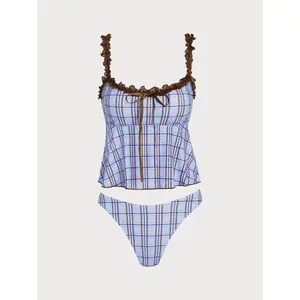 Blue Plaid Ruffle Bowknot Tankini Set Vintage Geometric Print Tankini Matching High Waist Shorts Slim Figure Flattering Durable Material Women Outdoor Pool Party Leisure Bathing Costume