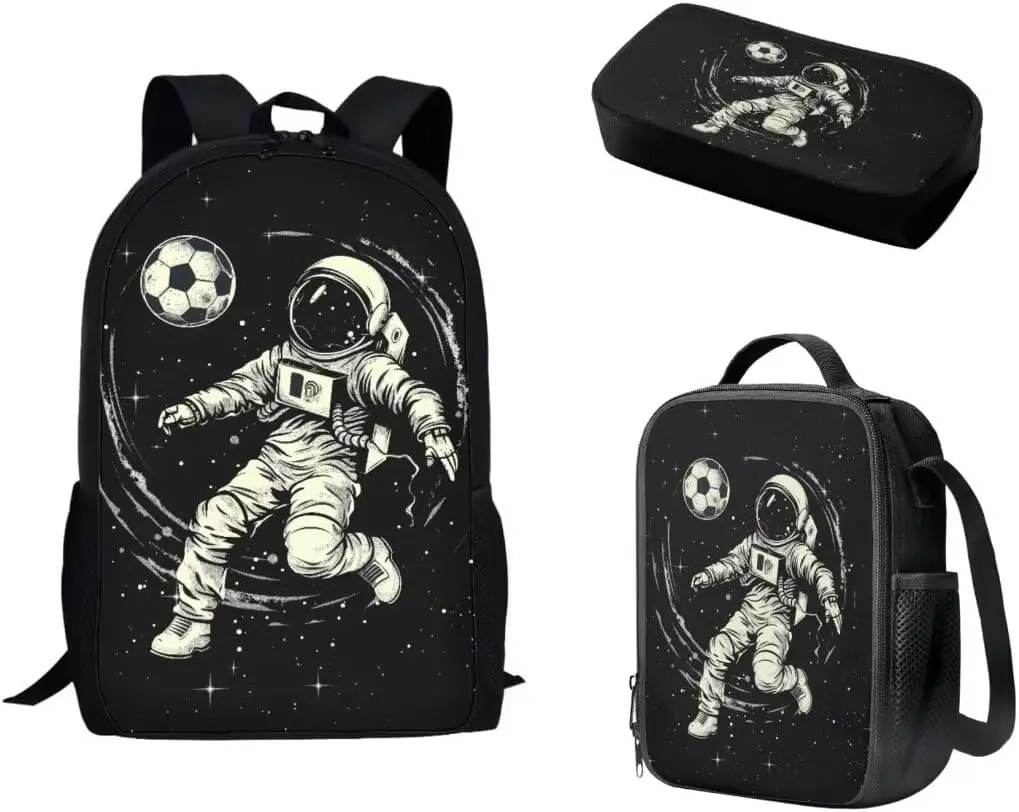 Vintage Sketch Astronaut Soccer In Galaxy Space 3PCS Kids Backpack Set, Waterproof Large Capacity School Bag with Insulated Lunch Box & Pencil Pouch, Black Starry Night Space Football Print Student Bookbag for Boys Space & Soccer Sports Fans