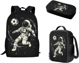 Vintage Sketch Astronaut Soccer In Galaxy Space 3PCS Kids Backpack Set, Waterproof Large Capacity School Bag with Insulated Lunch Box & Pencil Pouch, Black Starry Night Space Football Print Student Bookbag for Boys Space & Soccer Sports Fans