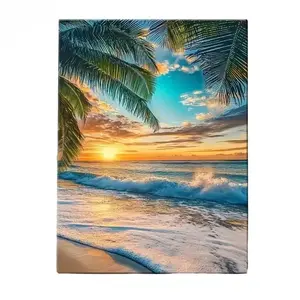 Beach Scenery and Palm Tree Pattern Wooden Frame Canvas Painting, Modern Art Wall Decoration, Home Living Room Bedroom Office Wall Decoration, Poster Wall Art, Wall Decoration Painting