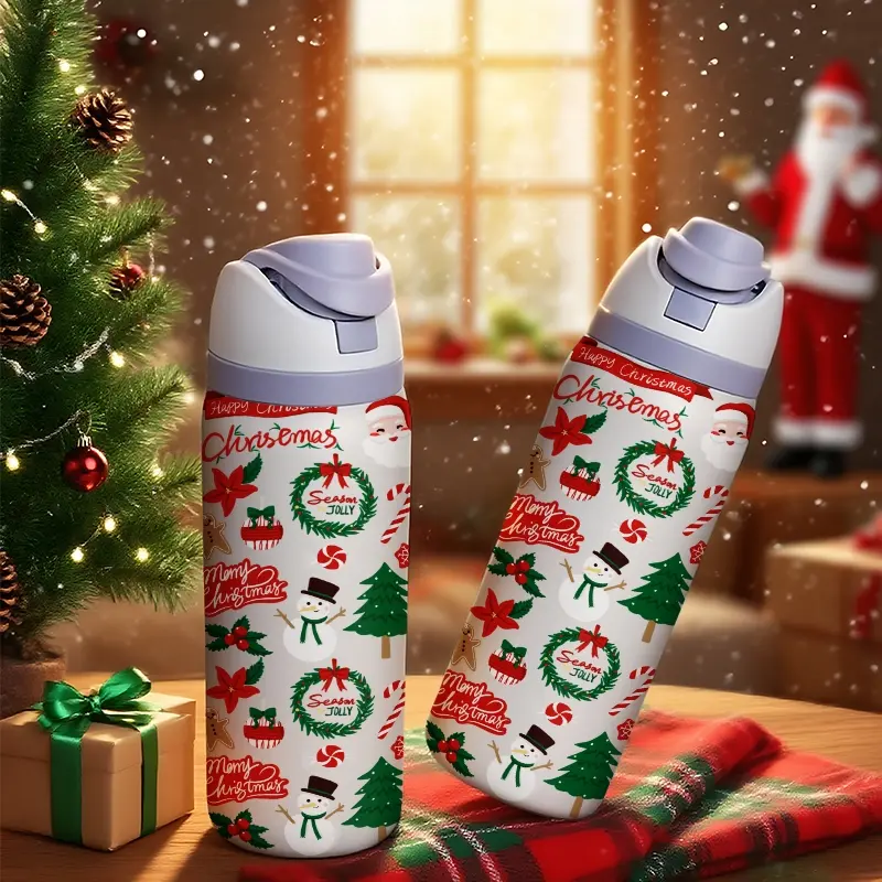 Christmas 32oz Dual-Drink Sports Water Bottle, Snowman Pattern, 304 Stainless Steel Vacuum Insulated, Large Fruit Cup, Perfect Gift
