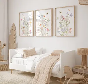 Little Girls Room Wildflowers And Butterflies Wall Art Set Of 3 Floral Nursery Prints Baby Girl Pastel Flower Artwork Toddler Bedroom Décor Decor Frames