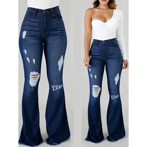 Women's High-Waist Ripped Flare Jeans - Stretch Denim Bell Bottoms with Distressed Detailing, Comfortable & Sexy All-Season Wear (Plus Size), Allseason Jeans |         Flared Bottom Jeans |         Durable Fabric Jeans1123233