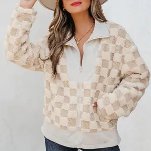 Women's plaid Sherpa corduroy patch zipper collar jacket, outerwear, autumn and winter fashion set